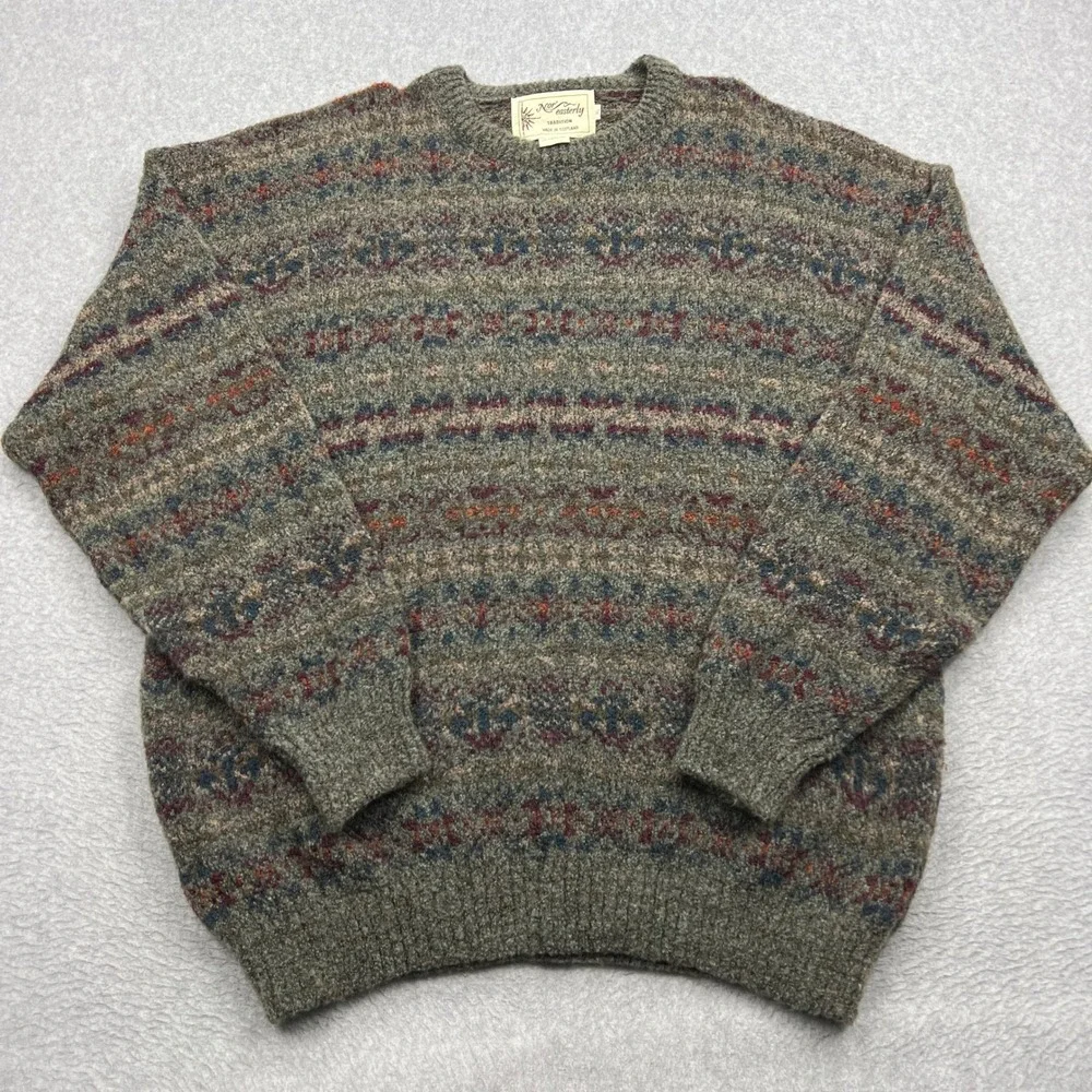 Nor' Easterly Sweater Mens XL Gray Fair Isle Wool Crewneck Made in Scotland
